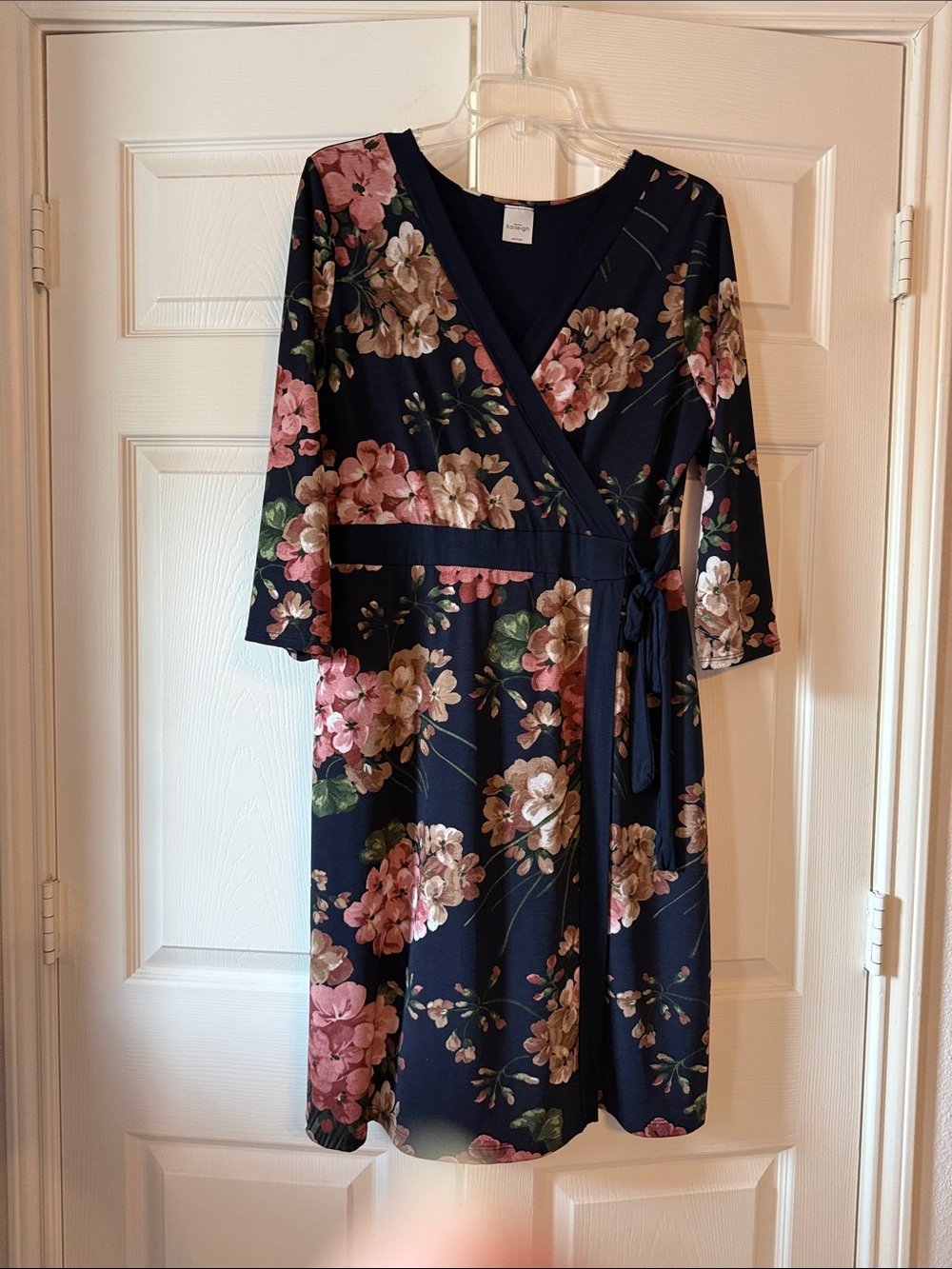 Kaileigh Navy Floral Faux Wrap Dress with Pink and Tan/Cream Blooms